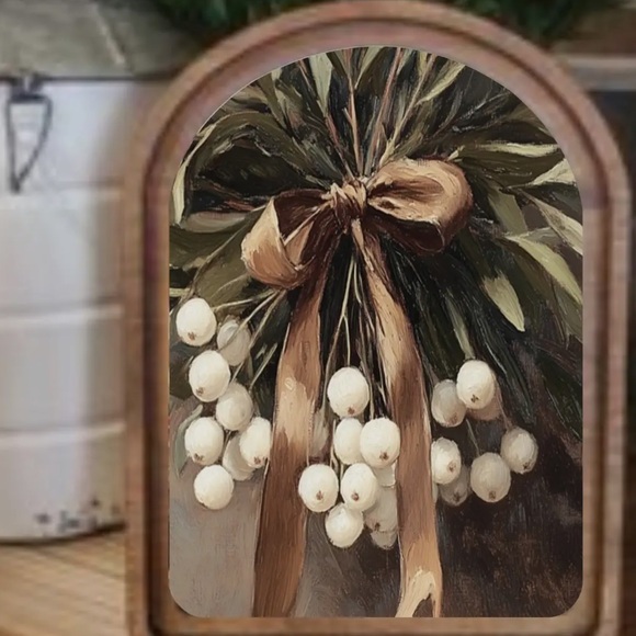 Winter Snowberries Round Top Wooden Framed Art. Christmas decor Rustic Farmhouse - Picture 3 of 7